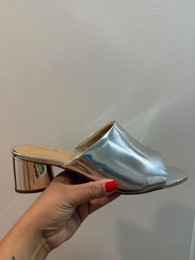Chico’s Metallic Faux Leather Mules in Silver New